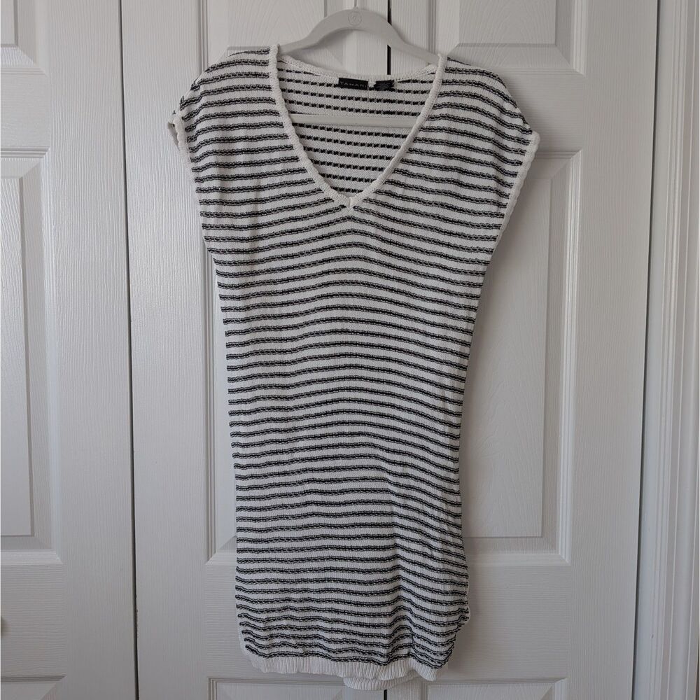 Tahari Crochet Knit Sweater Dress Womens Small Black White Stripe Sleeveless